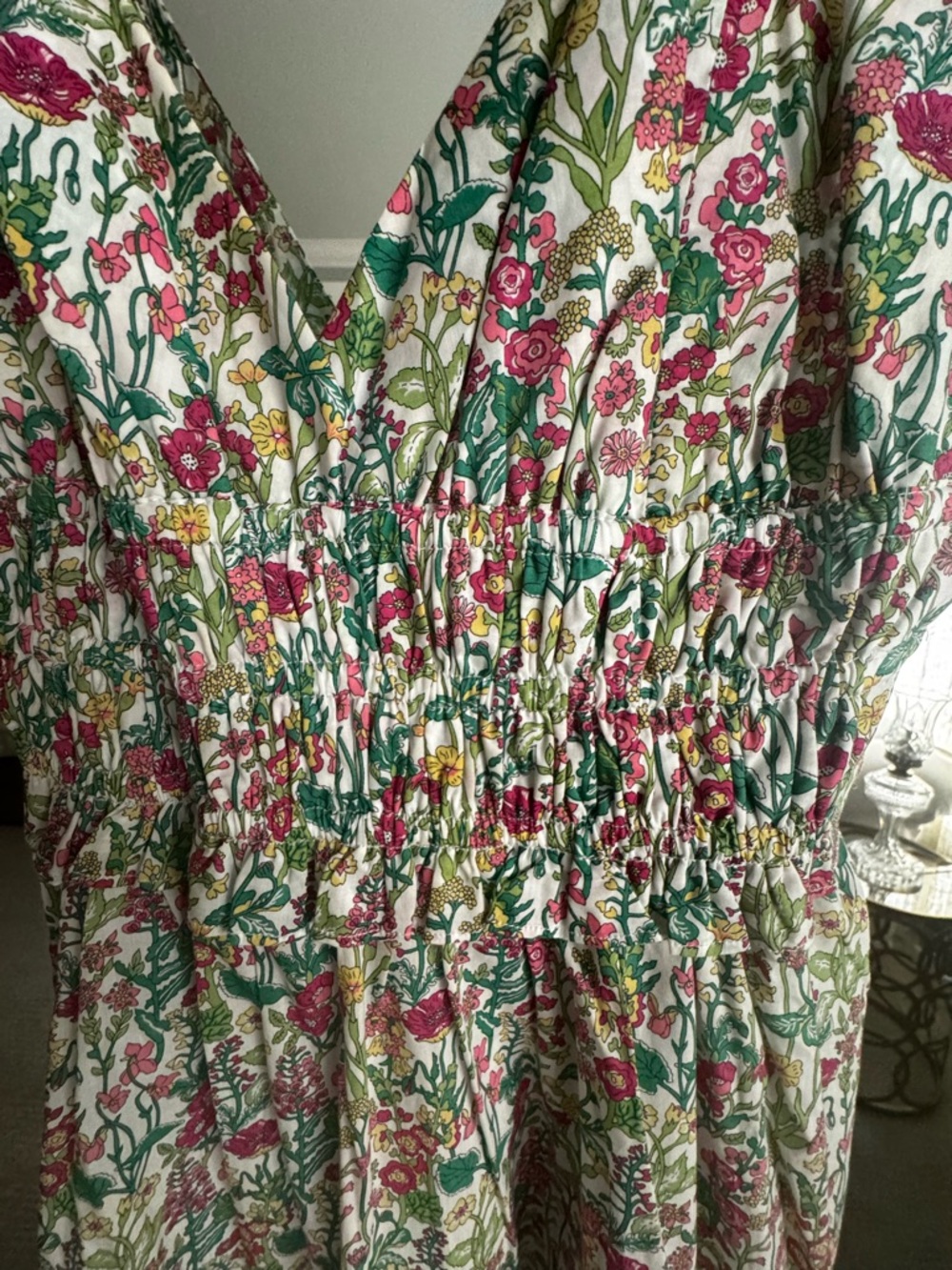 J. Crew Liberty Floral Smocked Waist Maxi Dress in White, Pink & Green - Picture 6 of 6